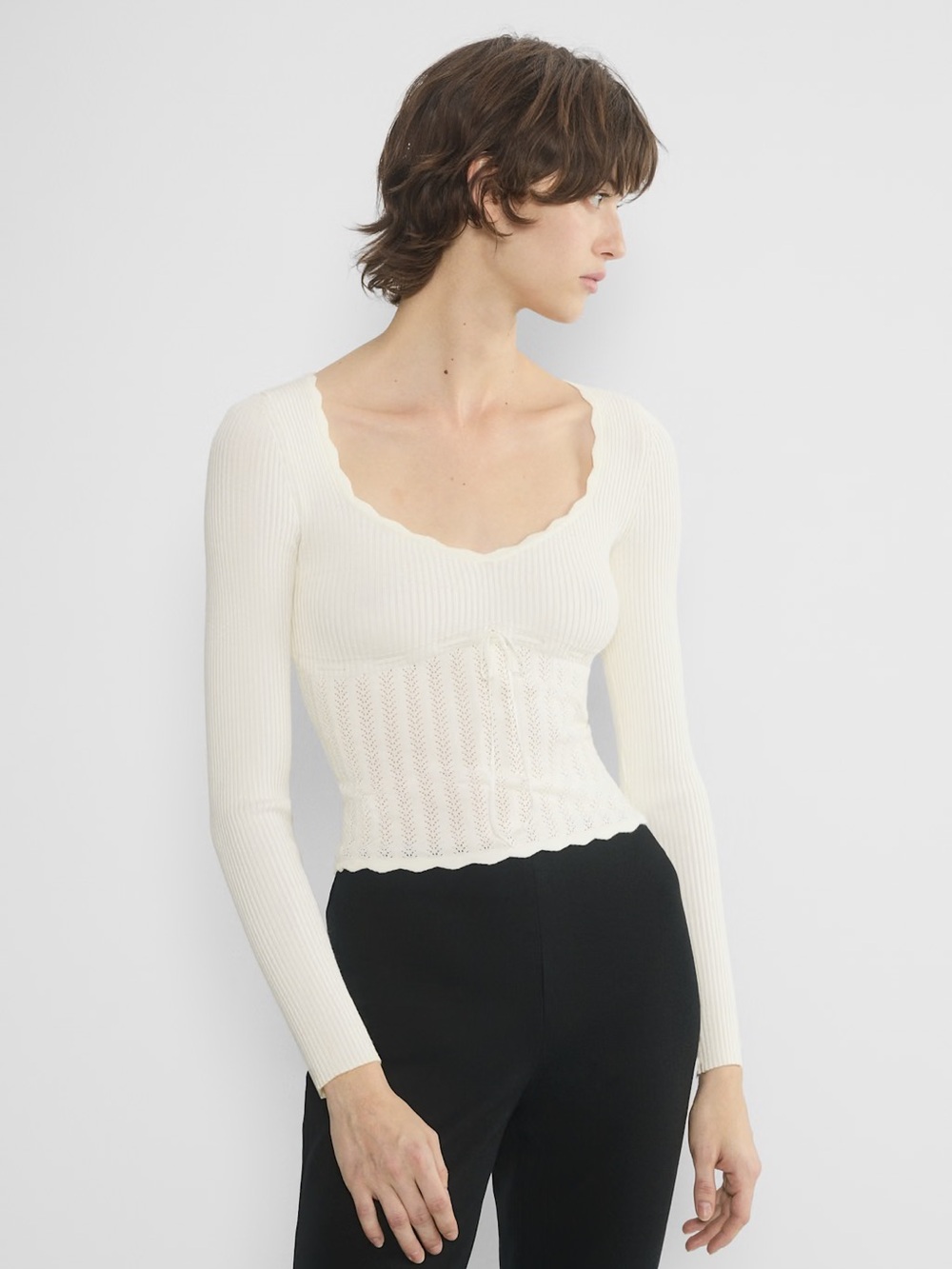 Wilfred Cream Ribbed Scallop Scoop Long-Sleeve Top